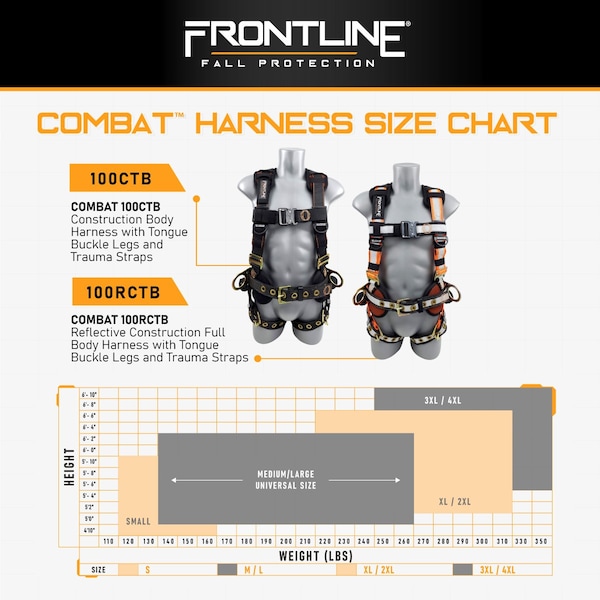 Frontline Combat Harness, M/L, 310 lbs, Trauma Straps Chest/ Tongue Leg Buckles, Side D-Ring - 100CTB-ML