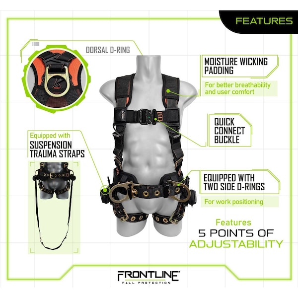 Frontline Combat Harness, M/L, 310 lbs, Trauma Straps Chest/ Tongue Leg Buckles, Side D-Ring - 100CTB-ML