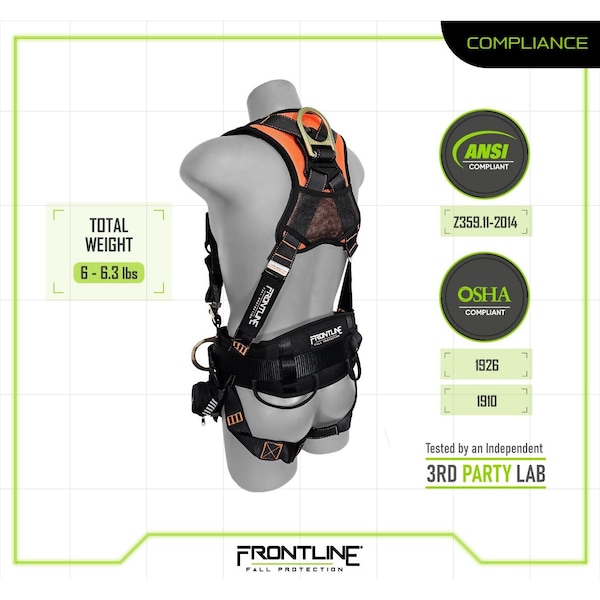 Frontline Combat Harness, M/L, 310 lbs, Trauma Straps Chest/ Tongue Leg Buckles, Side D-Ring - 100CTB-ML