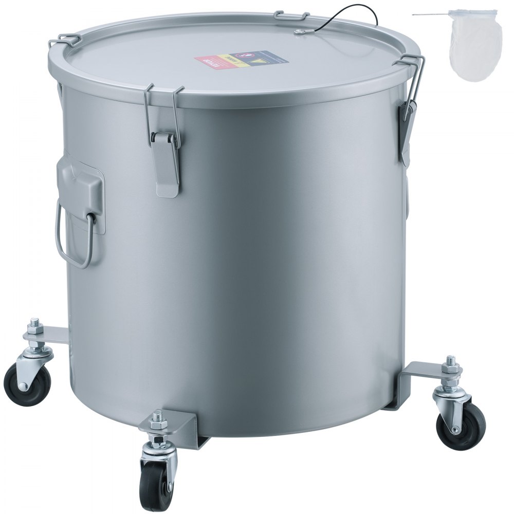 VEVOR Fryer Grease Bucket, 10 Gal Oil Disposal Caddy with Caster Base, Carbon Steel Rust-Proof Coating, Oil Transport Container with Lid, Lock Clips, Filter Bag for Hot Cooking Oil Filtering, Gray - DJLZGYZTTG10NGAG5V0