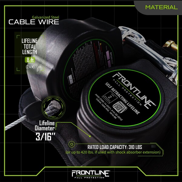 Frontline Leading Edge Cable Twin Leg 8' SRL with Steel Snap Hook Ends - RPG082SLE