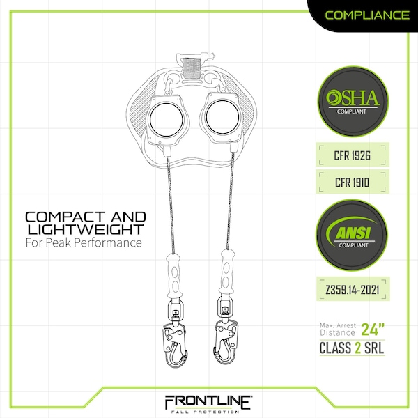 Frontline Leading Edge Cable Twin Leg 8' SRL with Steel Snap Hook Ends - RPG082SLE