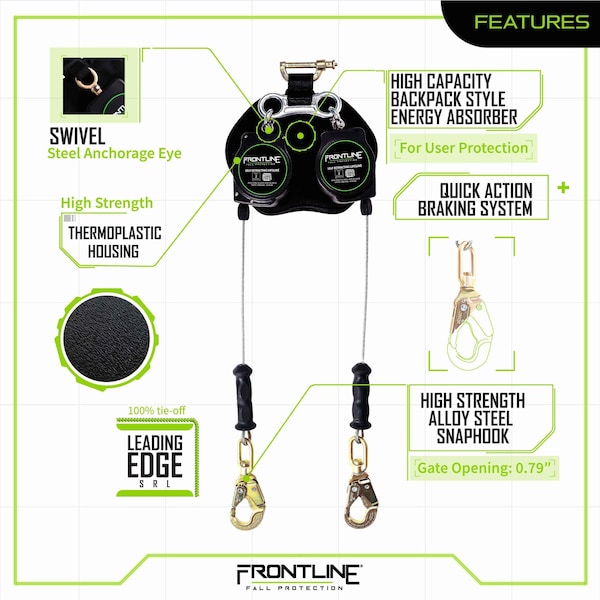 Frontline Leading Edge Cable Twin Leg 8' SRL with Steel Snap Hook Ends - RPG082SLE
