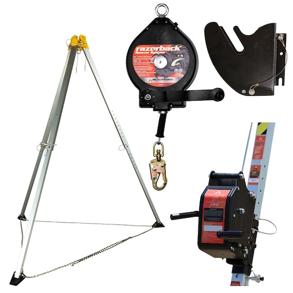 Malta Dynamics 7ft Confined Space Rescue Tripod, 90ft 3-Way Self-Retracting Lifeline, 115ft ft Manhandling Winch - R3000