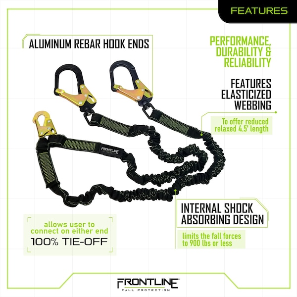 Frontline Elite Lite Elastic Twin Leg 6' Aluminum Rebar Hook Lanyard - LIS62RA