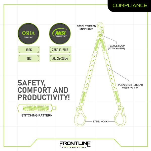 Frontline Elite Lite Elastic Twin Leg 6' Aluminum Rebar Hook Lanyard - LIS62RA