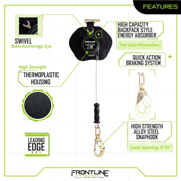 Frontline Leading Edge Cable Single Leg 8' SRL with Steel Snap Hook End - RPG081SLE