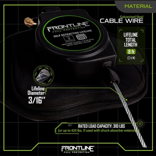 Frontline Leading Edge Cable Single Leg 8' SRL with Steel Snap Hook End - RPG081SLE