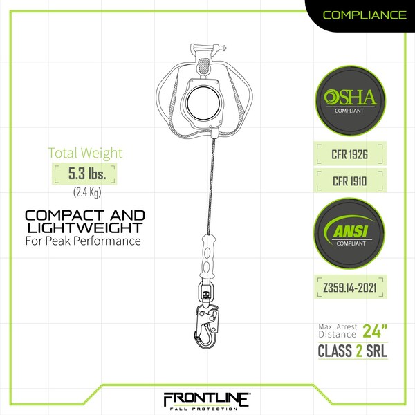Frontline Leading Edge Cable Single Leg 8' SRL with Steel Snap Hook End - RPG081SLE
