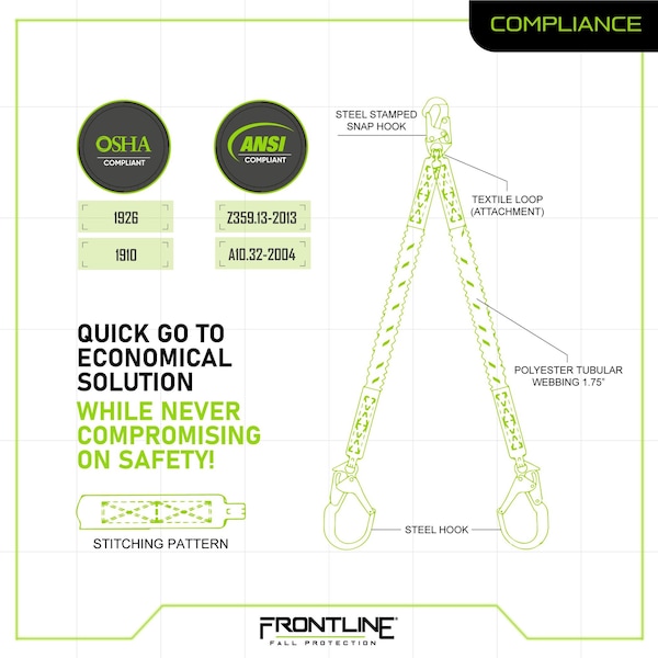 Frontline Combat Twin Leg 6' Rebar Hook Lanyard with Internal Shock Absorber - LIS62R