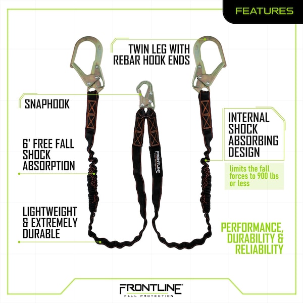 Frontline Combat Twin Leg 6' Rebar Hook Lanyard with Internal Shock Absorber - LIS62R