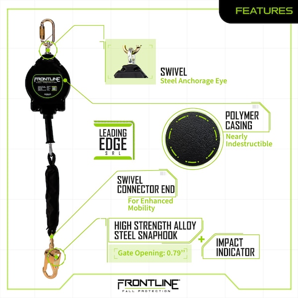 Frontline Leading Edge Cable Single Leg 50 ft SRL with Steel Snap Hook End - RPG50LE