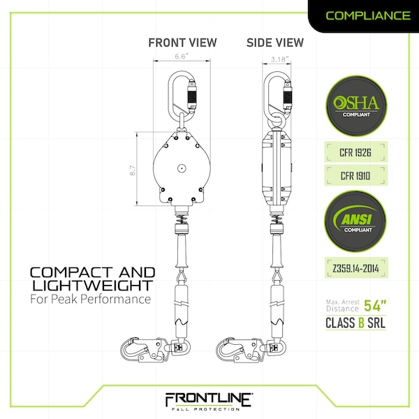 Frontline Leading Edge Cable Single Leg 50 ft SRL with Steel Snap Hook End - RPG50LE