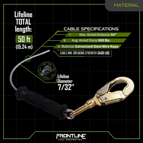 Frontline Leading Edge Cable Single Leg 50 ft SRL with Steel Snap Hook End - RPG50LE