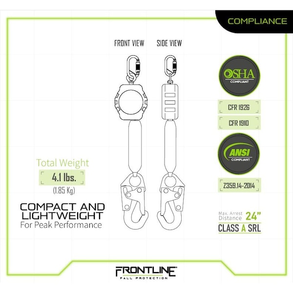 Frontline Aramid Fiber Web Single Leg 12 ft SRL with Steel Snap Hook End - RPA12S