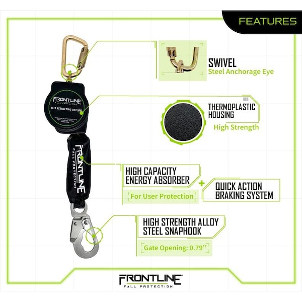 Frontline Aramid Fiber Web Single Leg 12 ft SRL with Steel Snap Hook End - RPA12S