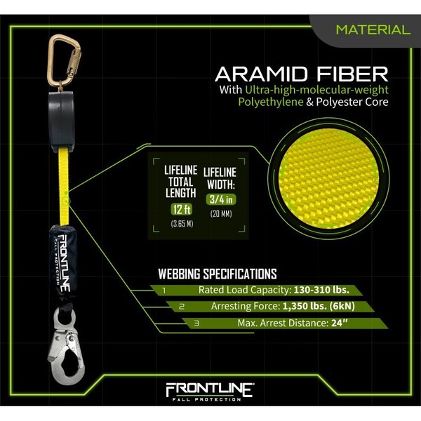 Frontline Aramid Fiber Web Single Leg 12 ft SRL with Steel Snap Hook End - RPA12S