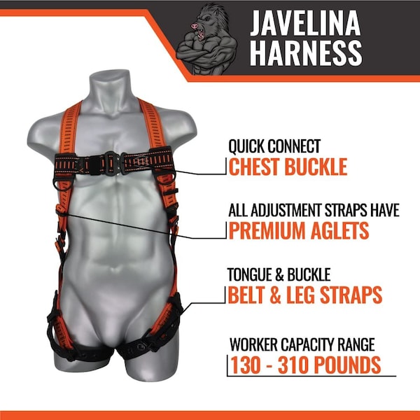 Malta Dynamics Javelina Full Body Harness, 3XL, 130-310 lb, Quick Connect Chest/ Tongue Leg Buckles, Back D-Ring - B4303