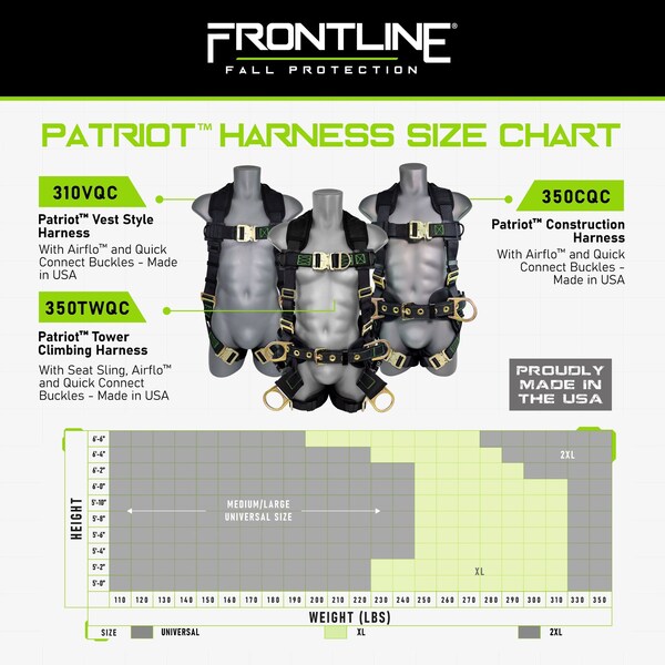 Frontline Patriot Harness with Seat Sling, 2X, 350 lbs, Quick Connect Chest/ Quick Connect Leg Buckles - 350TWQC-2X