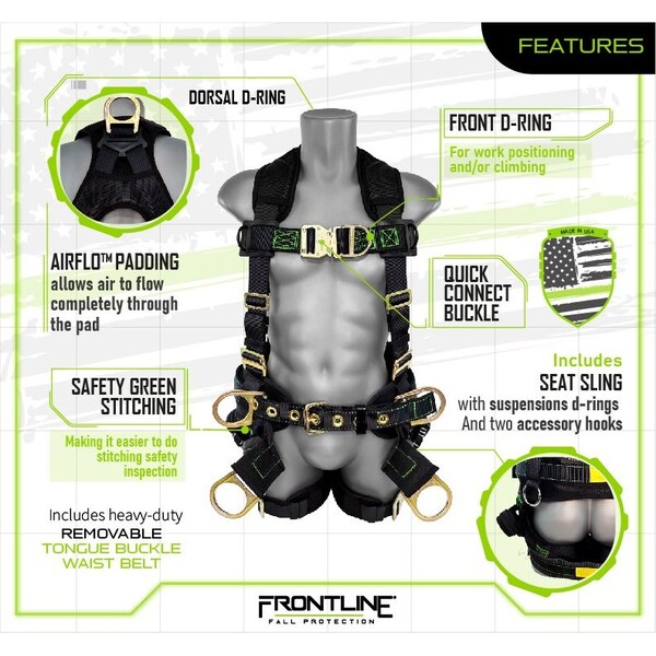 Frontline Patriot Harness with Seat Sling, 2X, 350 lbs, Quick Connect Chest/ Quick Connect Leg Buckles - 350TWQC-2X