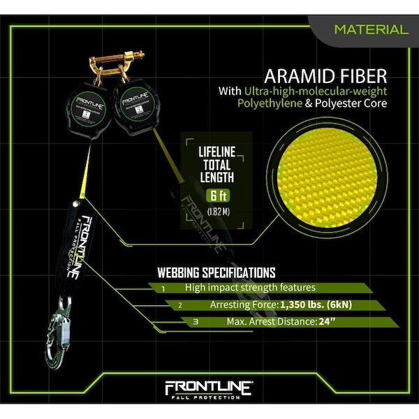 Frontline Aramid Twin Fiber Web Single Leg 6' SRL with Steel Snap Hook Ends - RPA062S
