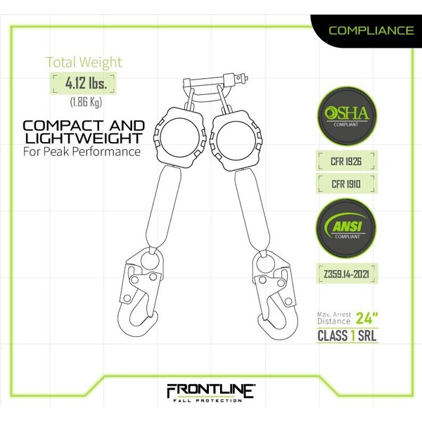 Frontline Aramid Twin Fiber Web Single Leg 6' SRL with Steel Snap Hook Ends - RPA062S