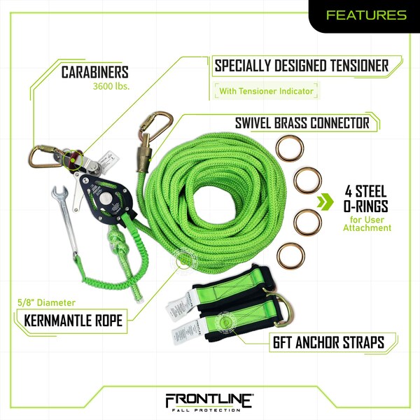 Frontline 4-person 100' Adjustable Horizontal Lifeline System with 6' Anchor Straps - HLK1004