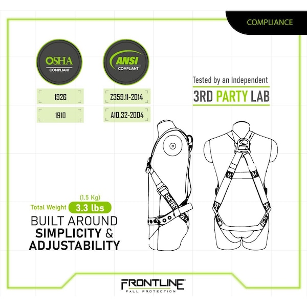 Frontline Combat Compliance Kit - Harness, 6' Double Rebar Hook Leg Lanyard and Drawstring Bag - K100-62R
