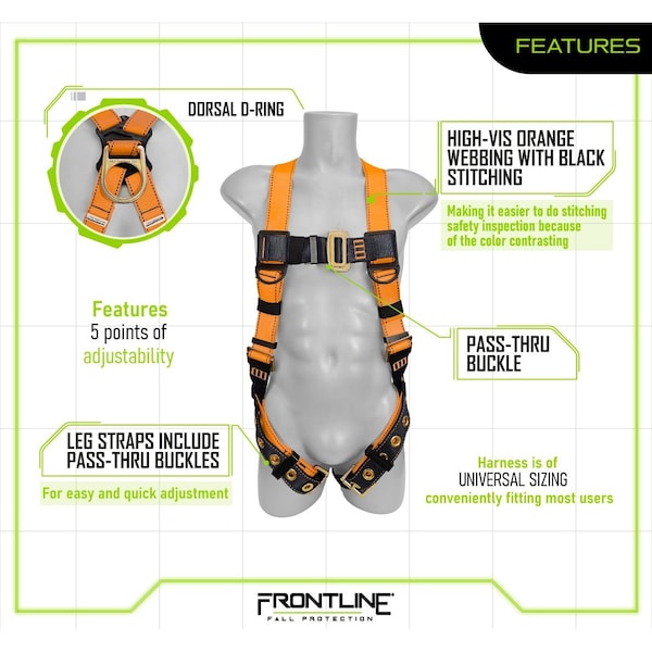 Frontline Combat Compliance Kit - Harness, 6' Double Rebar Hook Leg Lanyard and Drawstring Bag - K100-62R