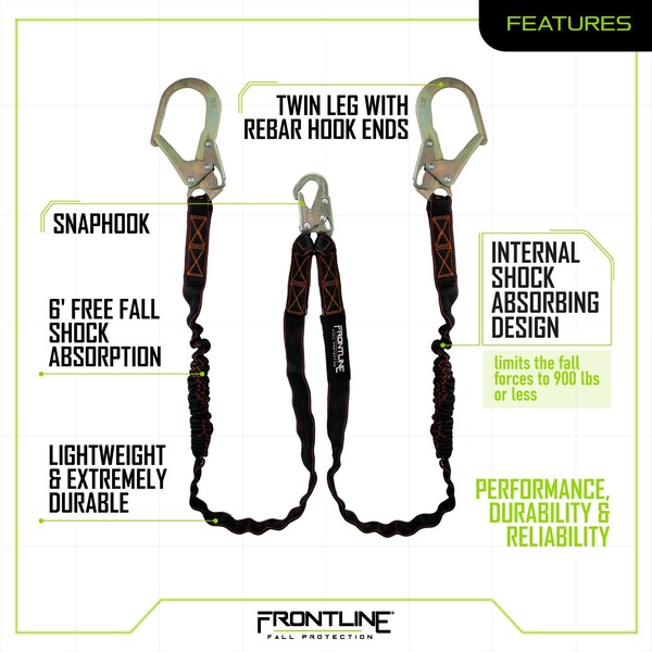 Frontline Combat Compliance Kit - Harness, 6' Double Rebar Hook Leg Lanyard and Drawstring Bag - K100-62R