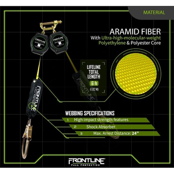 Frontline Aramid Fiber Web Twin Leg 6' SRL with Steel Rebar Hook Ends - RPA062R