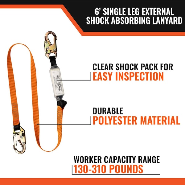 Malta Dynamics 6ft SINGLE LEG EXTERNAL SHOCK ABSORBING LANYARD W/ 2 STEEL SNAP HOOKS - C5000