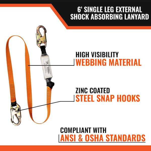 Malta Dynamics 6ft SINGLE LEG EXTERNAL SHOCK ABSORBING LANYARD W/ 2 STEEL SNAP HOOKS - C5000