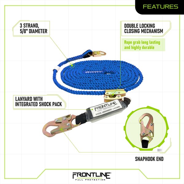 Frontline American Style Vertical Lifeline with 3' SAL and Manual Rope Grab 50' - VLP50R3L-AM