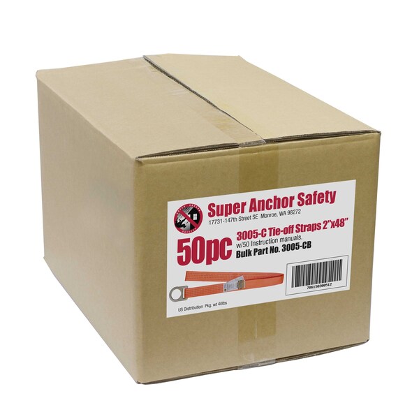 Super Anchor Safety 48"x2"x13,600lb Tensile Strength Orange Tie-Off Strap w/Slotted D-ring +Loop End. 50pc BULK Box - 3005-CB