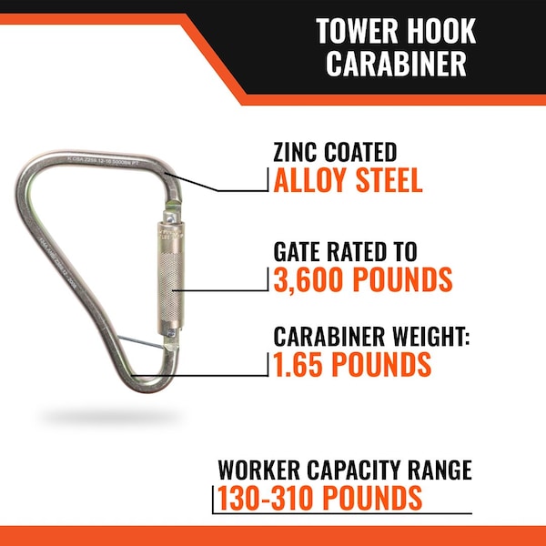 Malta Dynamics Tower Hook Carabiner, Twist Self-Locking, 10 in Length, 2.04 in Gate Opening - C1002