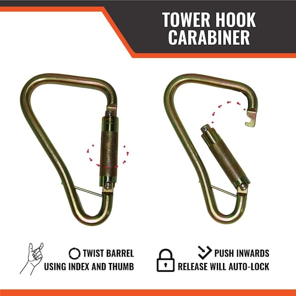 Malta Dynamics Tower Hook Carabiner, Twist Self-Locking, 10 in Length, 2.04 in Gate Opening - C1002
