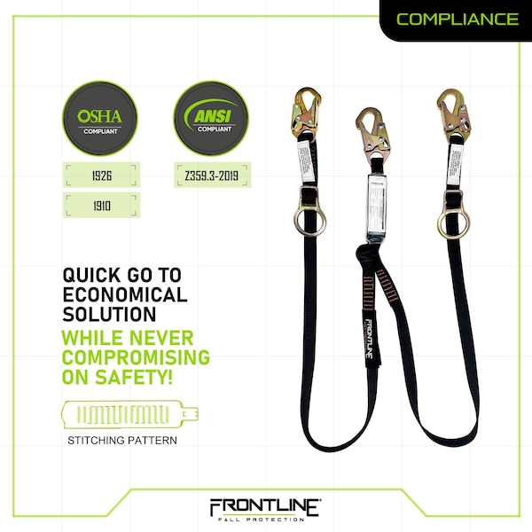 Frontline Combat 6' Tie-Back Double Leg Shock Absorbing Lanyard with Snaphooks - LPO62SADJ