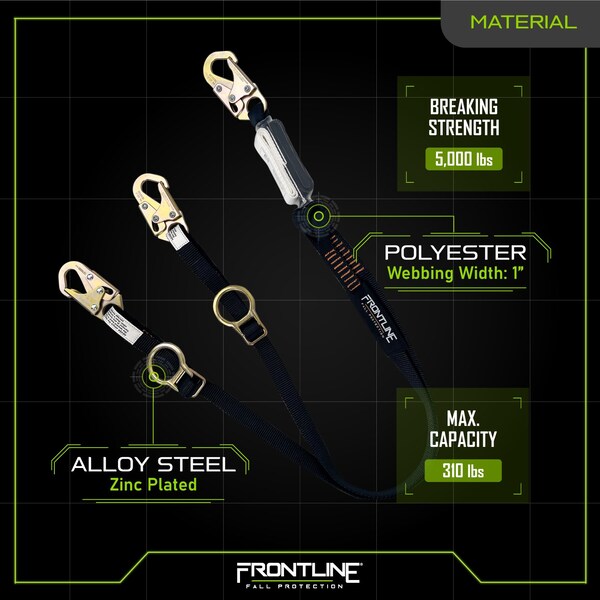 Frontline Combat 6' Tie-Back Double Leg Shock Absorbing Lanyard with Snaphooks - LPO62SADJ