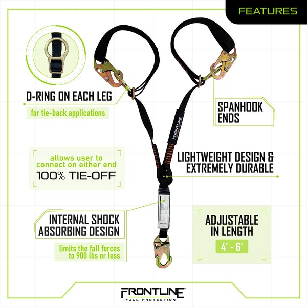 Frontline Combat 6' Tie-Back Double Leg Shock Absorbing Lanyard with Snaphooks - LPO62SADJ