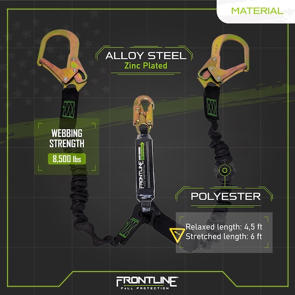Frontline Patriot 6' Double Leg Elastic Lanyard with Rebar Hook Ends - LES62R-US