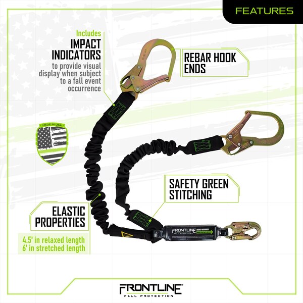 Frontline Patriot 6' Double Leg Elastic Lanyard with Rebar Hook Ends - LES62R-US