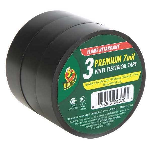 Cinta eléctrica de marca Duck, 0.75 pulg. x 50 yd, Negro, paquete de 3 - 299004