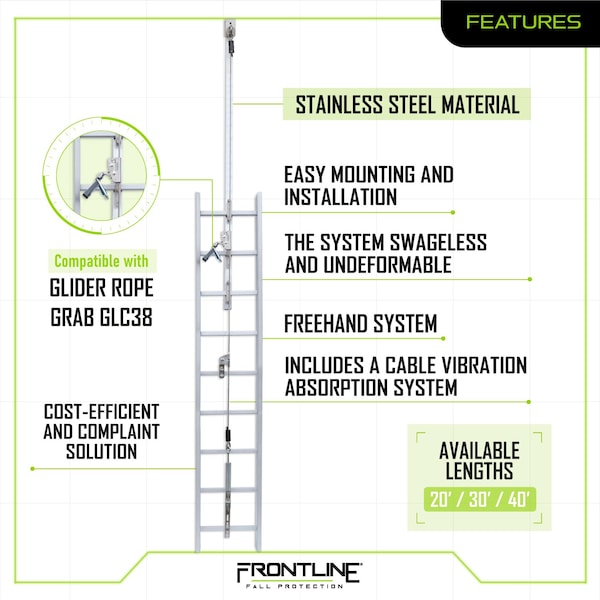 Frontline Ladder Cable Vertical Lifeline System 30 ft Stainless Steel - VLCS30