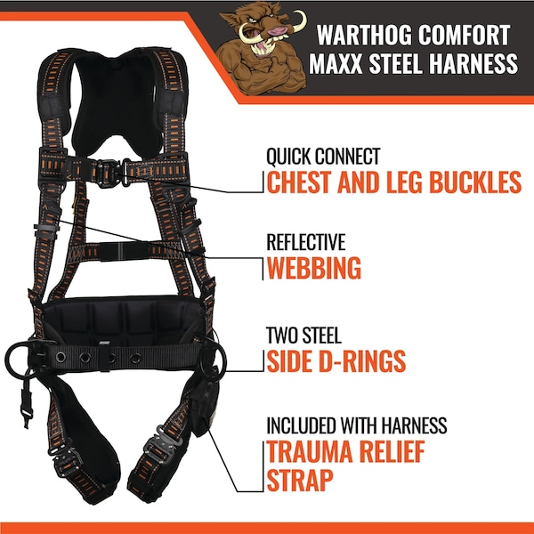 Malta Dynamics Warthog Comfort Maxx Full Body Harness, L/XL, 130-310 lb, Quick Connect Chest/ Side D-Ring - B2302