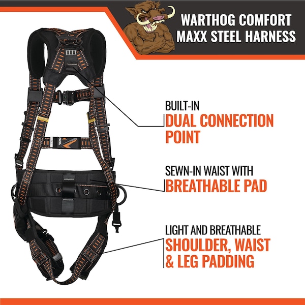 Malta Dynamics Warthog Comfort Maxx Full Body Harness, L/XL, 130-310 lb, Quick Connect Chest/ Side D-Ring - B2302
