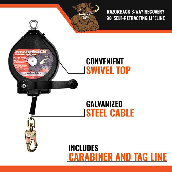 Malta Dynamics 90ft RAZORBACK 3-WAY RECOVERY SRL W/SNAP HOOK, CLASS SRL-R - R0003-G2