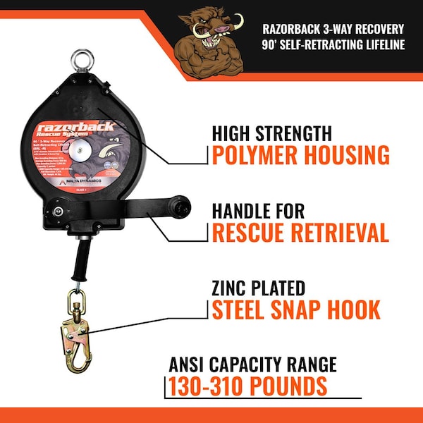 Malta Dynamics 90ft RAZORBACK 3-WAY RECOVERY SRL W/SNAP HOOK, CLASS SRL-R - R0003-G2
