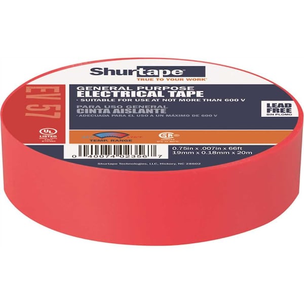 Cinta eléctrica de uso general Shurtape EV 57, certificada por UL, ROJA, 7 mils, 3/4 pulg. x 66 ft. - 200784