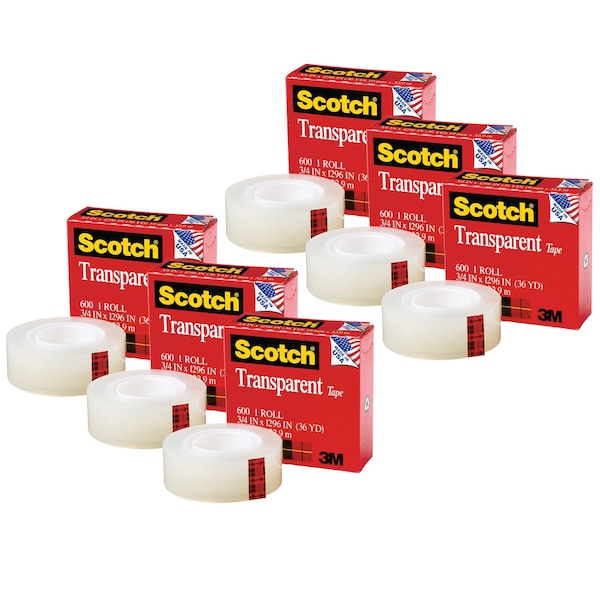 Rollo de recambio de cinta adhesiva transparente Scotch, 3/4 pulgadas x 1296 pulgadas, paquete de 6 - 600341296